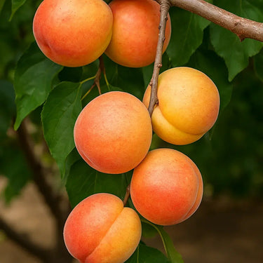 Cluster of katy apricots on a tree from Paradise Nursery with green leaves
